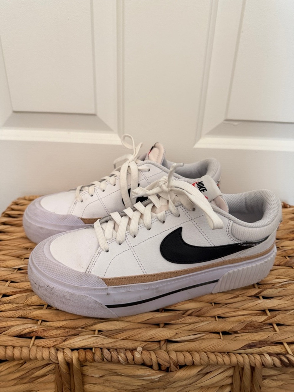 Nike White Low-Top Platform Sneakers with Black Swoosh and Tan Stripe
